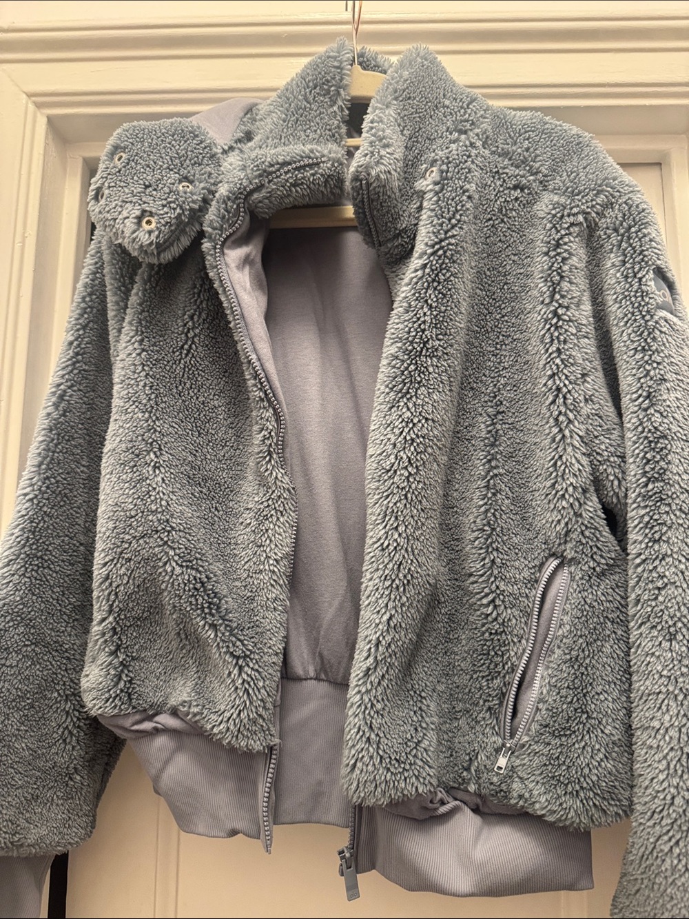 ALO Yoga Plush Bomber Jacket - Dusty Blue - removable hood